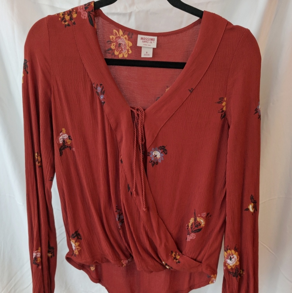 Burnt orange floral wrap top